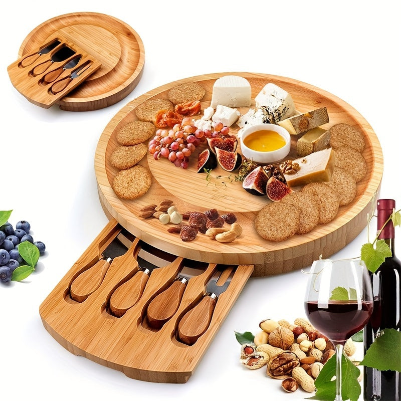 BAMCHEF – Bamboo Cheese Board Set with Drawer and Cutlery for Portable Serving and Entertaining