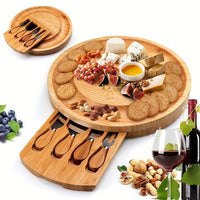 BAMCHEF – Bamboo Cheese Board Set with Drawer and Cutlery for Portable Serving and Entertaining
