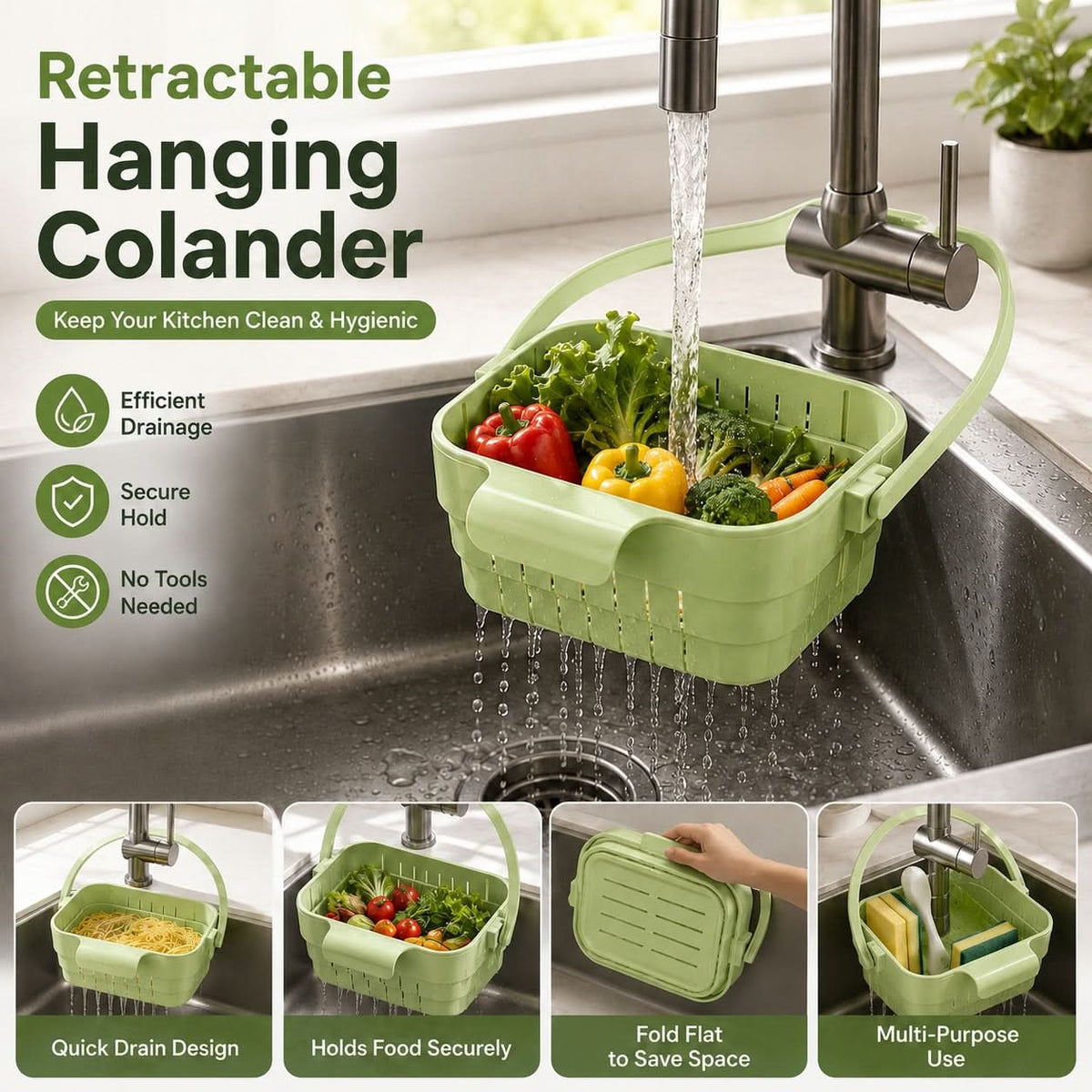 COLLADOCK – Retractable Hanging Colander for Tidy Sink-Side Organization