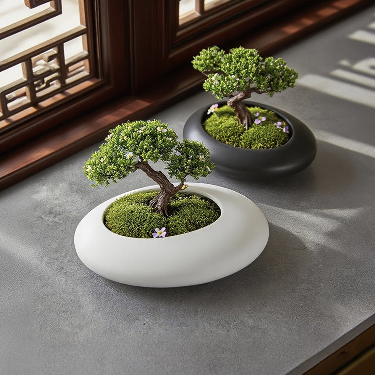 ORCHIDFLOW – Shallow Ceramic Bonsai Pot with Artistic Pebble Design