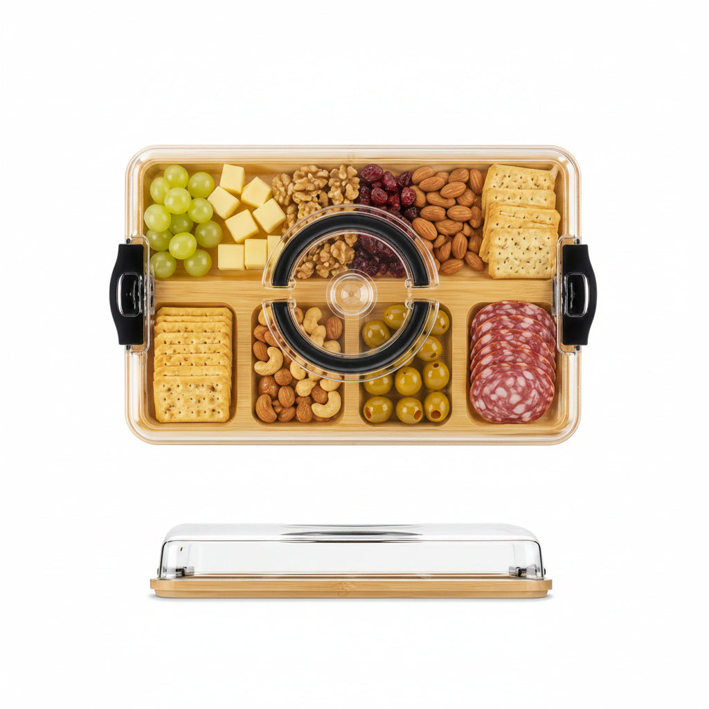 BAMBOX – Bamboo Divided Snack Tray with Lid for Organized Serving and Portable Food Storage