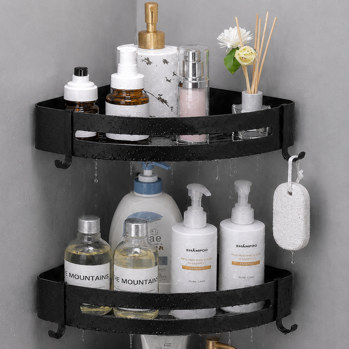 SHELFAVERA – No-Drill Shower Corner Shelf with Convenient Hooks