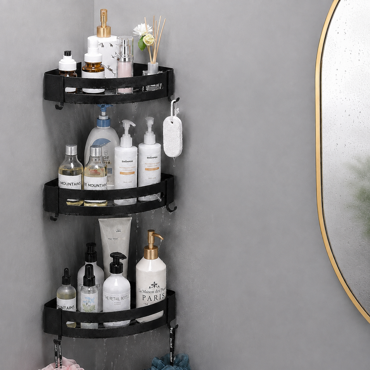 SHELFAVERA – No-Drill Shower Corner Shelf with Convenient Hooks