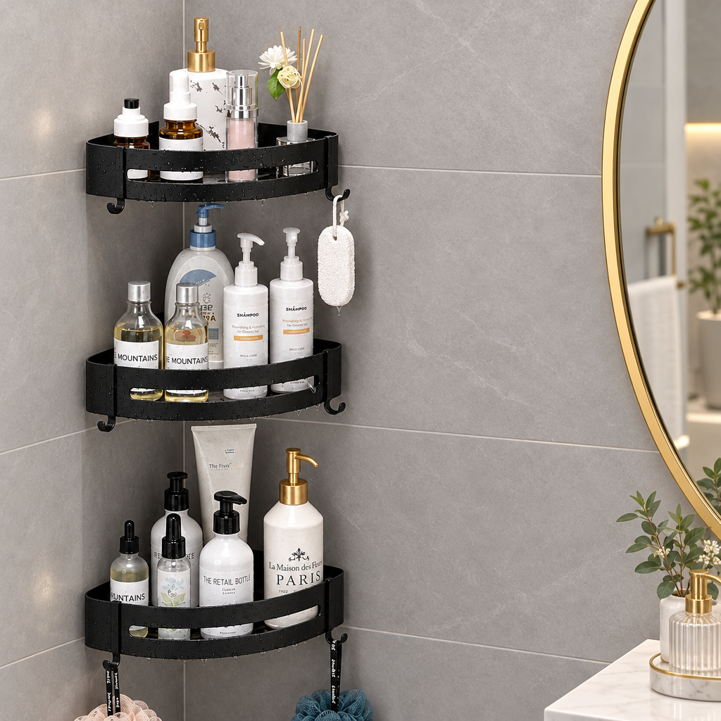 SHELFAVERA – No-Drill Shower Corner Shelf with Convenient Hooks