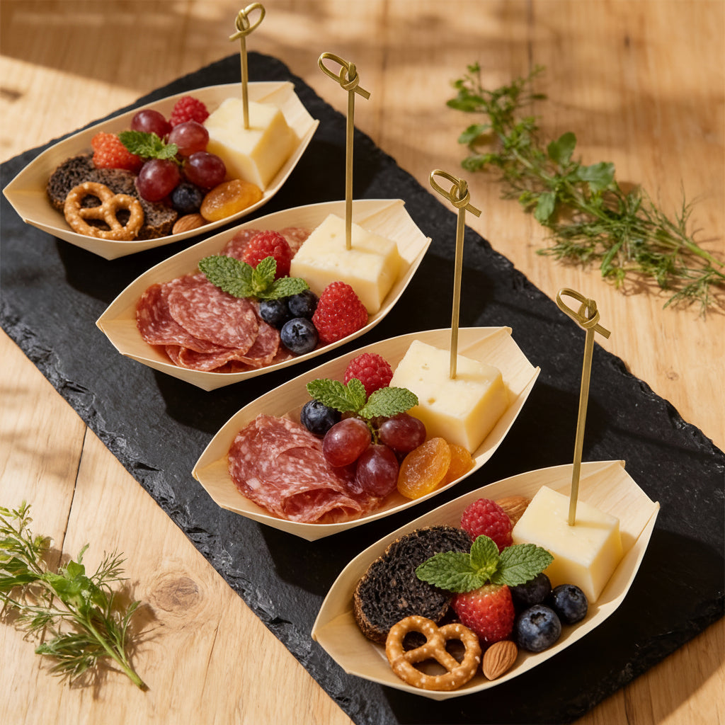 BAMBIOAT – Disposable Wooden Service Boats for Elegant Party Food Presentation and Serving