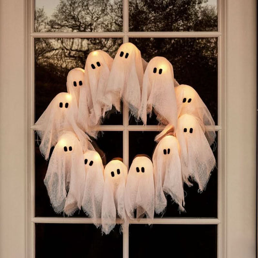 WRAITHHALO – LED Ghost Halloween Wreath for Eerie Doorway Glow